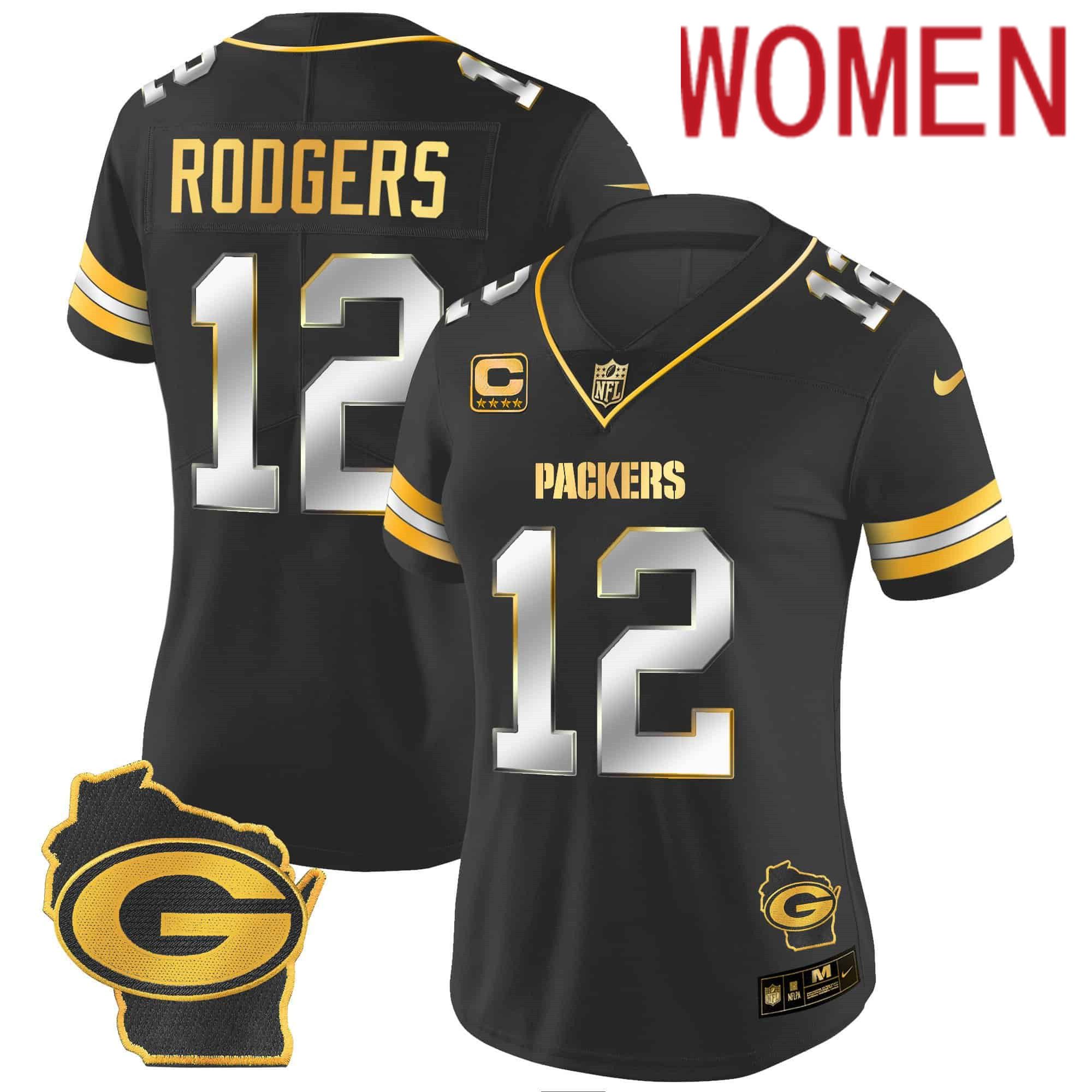 Women Green Bay Packers 12 Rodgers Black Gold 2024 Nike Home Patch Vapor NFL Jersey style 1